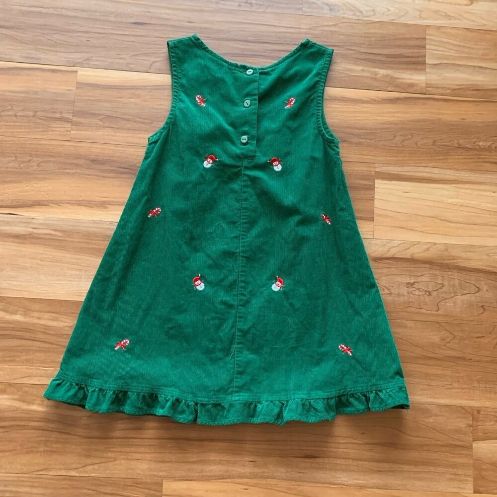 Christmas Jumper Dress Size 6 Green Corduroy Embroidered Candy Canes Snowmen - Picture 5 of 8